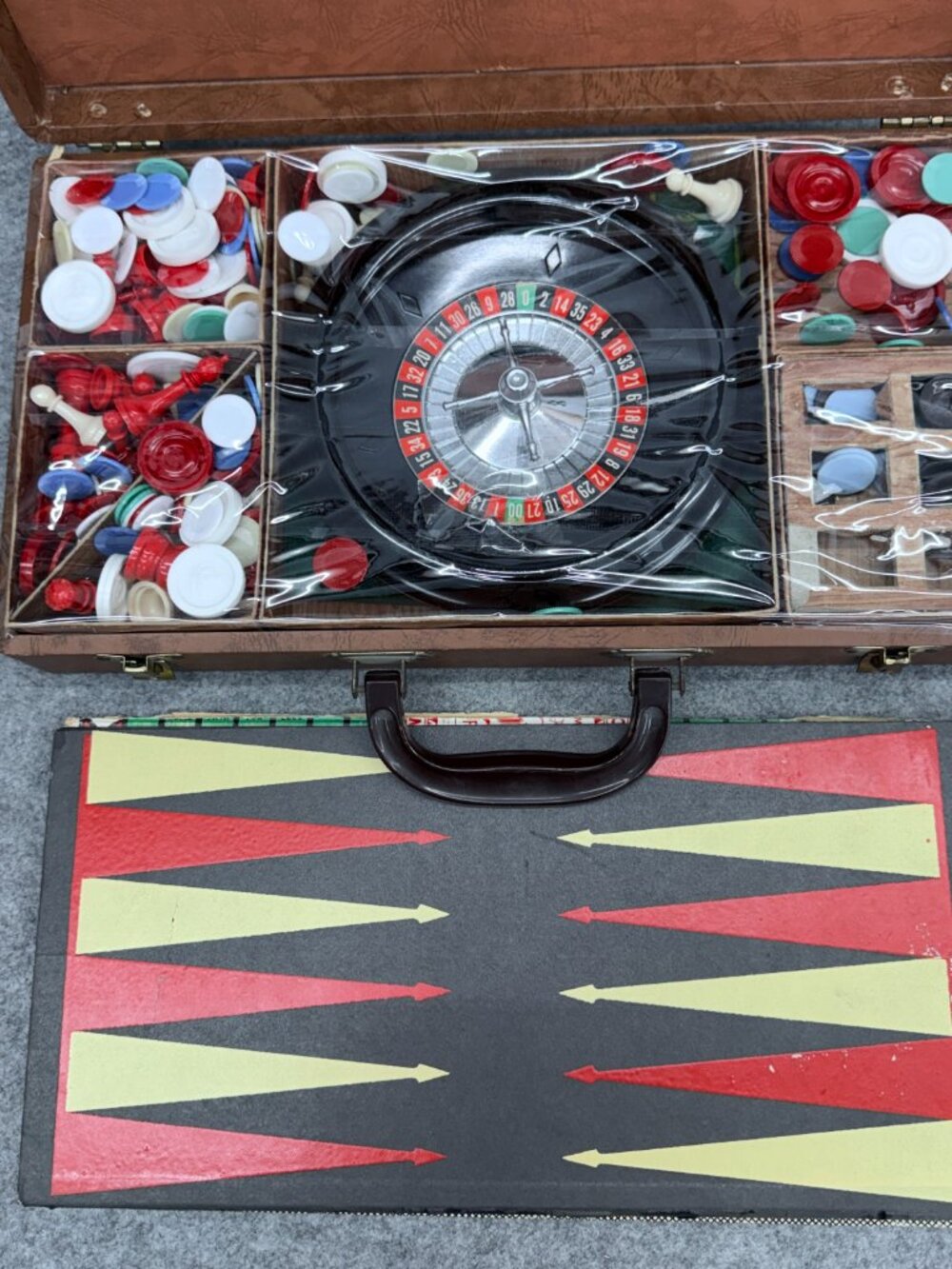 Vintage 1940s-50s E.S. Lowe Portable Multi-Game Suitcase Roulette Chess Checker